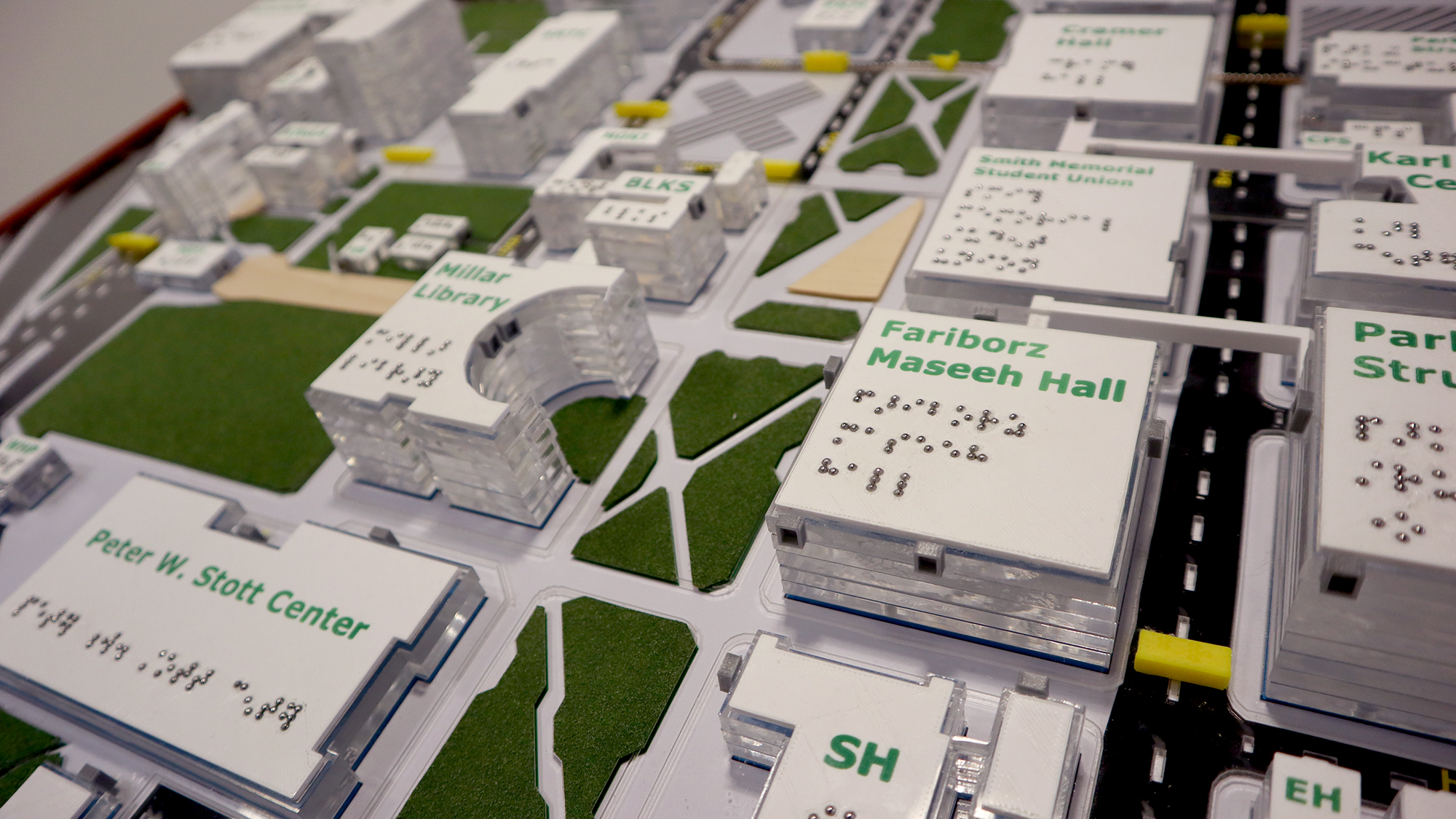Close-up of an approximately 3 by 5 foot 3D map of the Portland State University campus, located in the Smith Memorial Student Union lobby, 1825 SW Broadway, Portland, OR 97201.