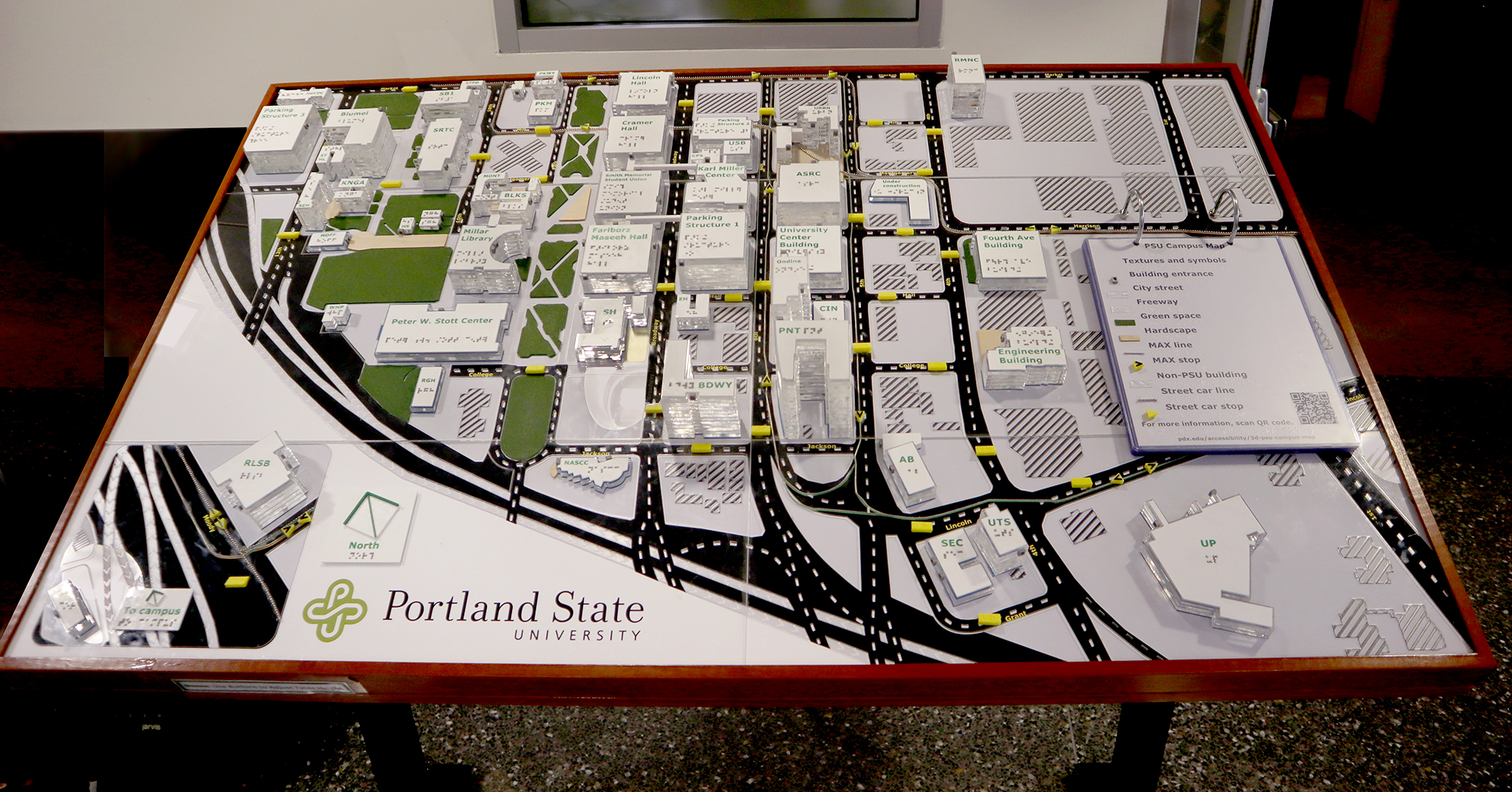 An approximately 3 by 5 foot 3D map of the Portland State University campus, located in the Smith Memorial Student Union lobby, 1825 SW Broadway, Portland, OR 97201.