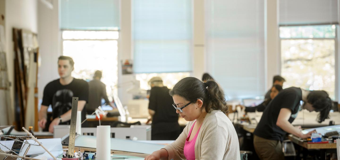 Students work at desks in Shattuck Hall architecture studios