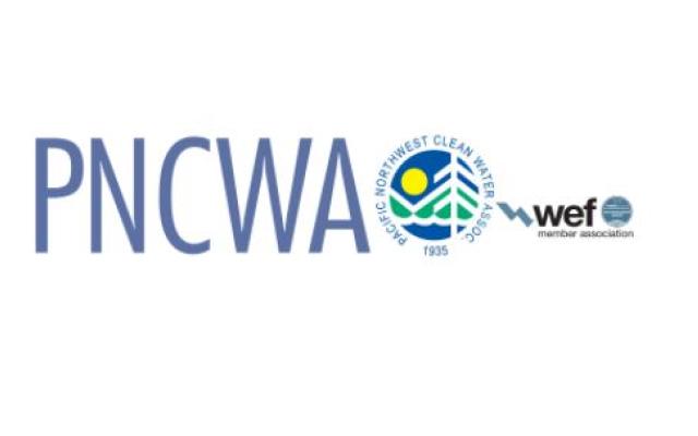 Text reads "PNCWA Pacific Northwest Clean Water Association 1935", with a circular graphic of a white tree against a green mountain and a yellow sun, with a blue background.