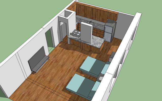 Architectural rendering of a sample layout of some studios in the Saint Helens dorm, with beds located against the right wall and a kitchen located against the north wall 