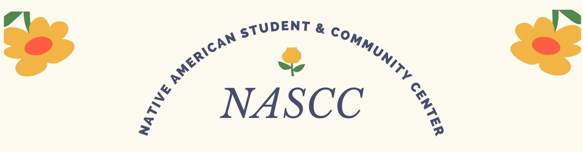 Blue "Native American Student & Community Center" text against a beige background with flowers in the corners