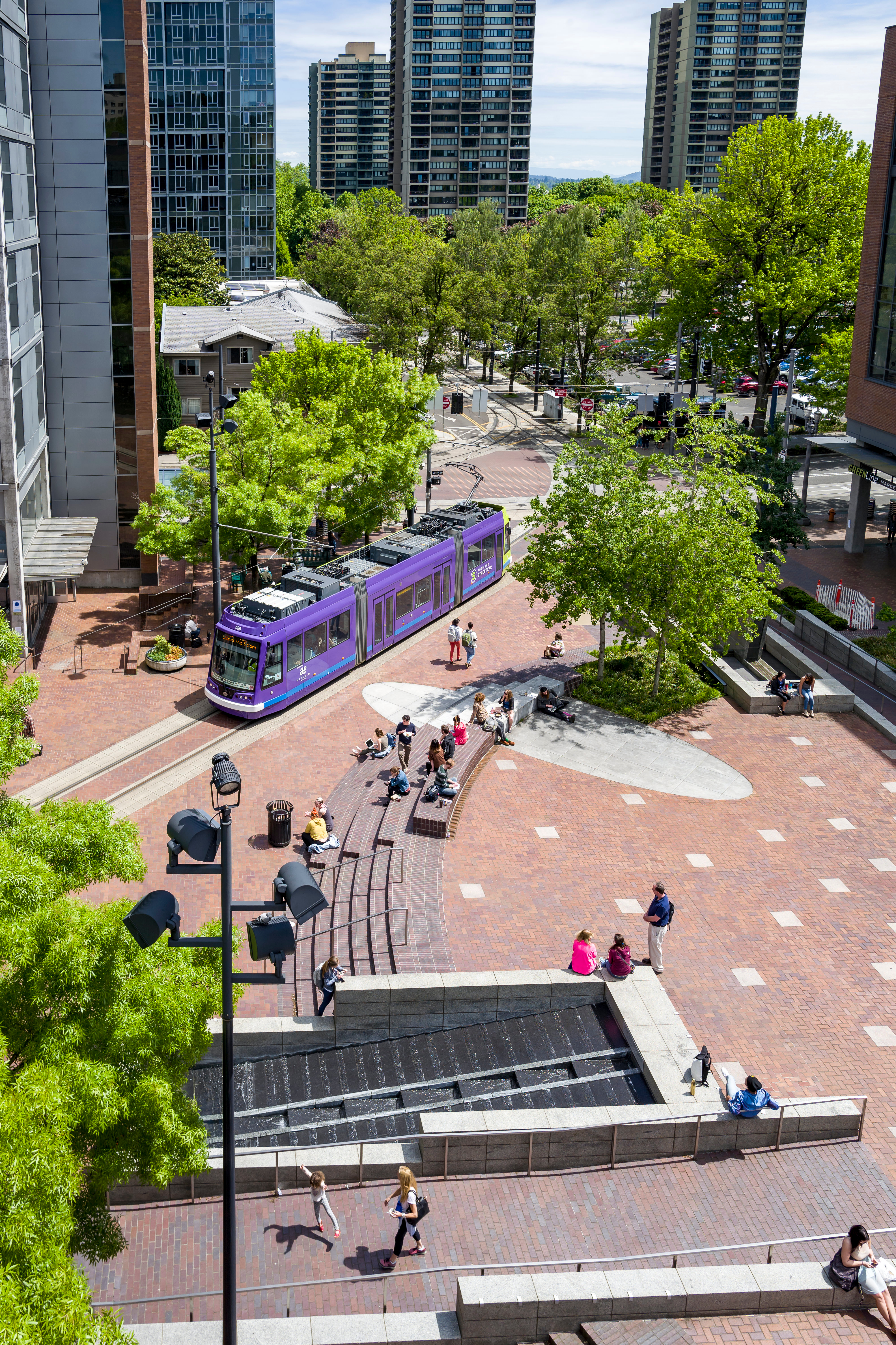 Aerial view of Portland State campus with streetcar
