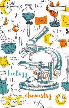 Many icons representing a science lab with words science, biology, and chemistry. Centered is a microscope surrpounded by test tubes and chemical equations. 