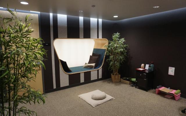 Mind spa relaxation room with light therapy, plants and yoga station.