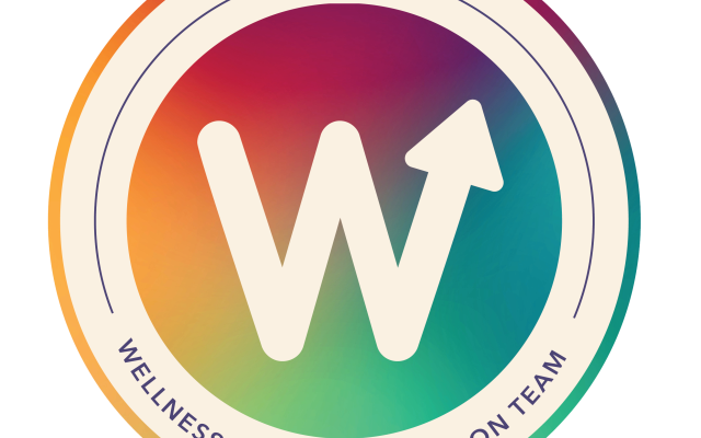 A rainbow gradient circle with the letter W in the middle and WHAT Wellness and Health Action Team written around it