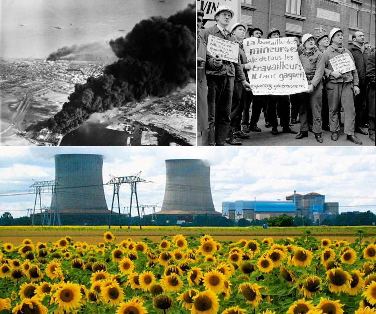 collage of three images: aerial view of the Suez canal with smoke billowing from oil tanks in 1956; coal miners holding up protest signs in 1963; Sunflower field in front of the Saint-Laurent Nuclear Power Station