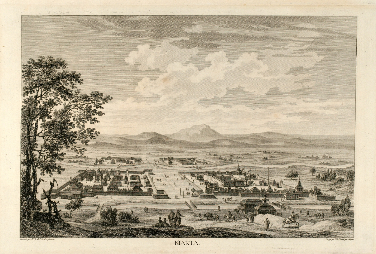 Antique town view of Kiakhta, Kyakhta by Nicolas Louis de Lespinasse. Printed in Paris in the year 1783. Title: Kiakta.