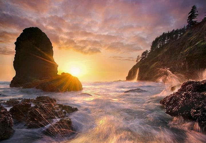 Oceanside Coastal Oregon sunset and waves splashing