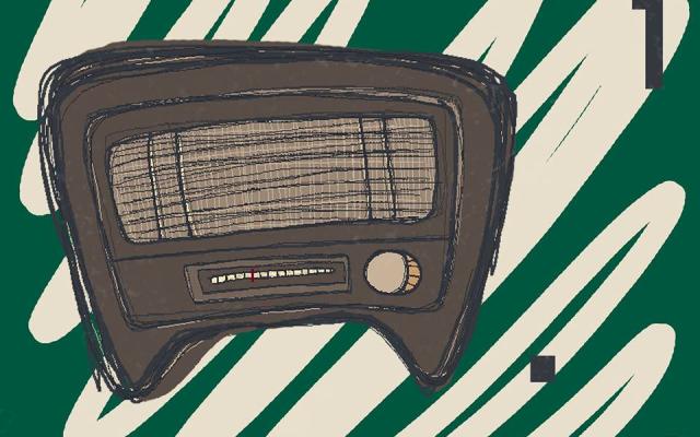 Beyond Footnotes radio logo - green field, stylized white scribble, antique radio