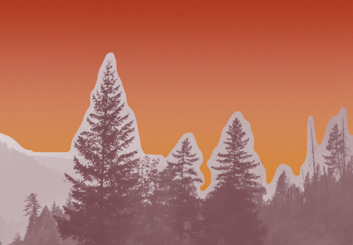 Trees and a sunset-like red to yellow gradient.