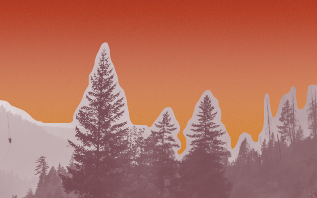 Trees and a sunset-like red to yellow gradient.