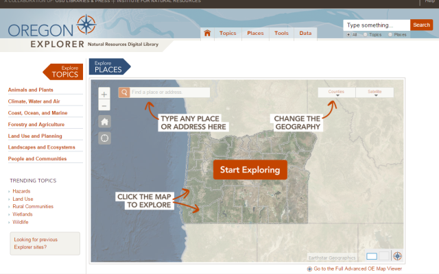 Oregon Explorer web site intro page.