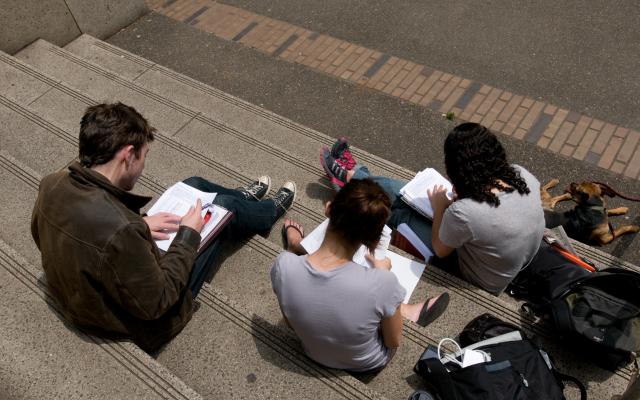 Students studying together while sitting on the front steps of Millar Library