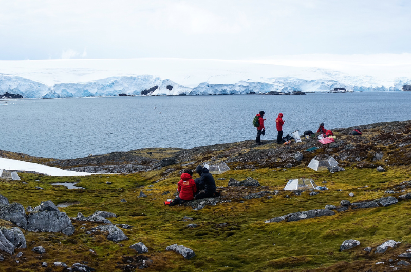Panoramic of researchers in Antarctica