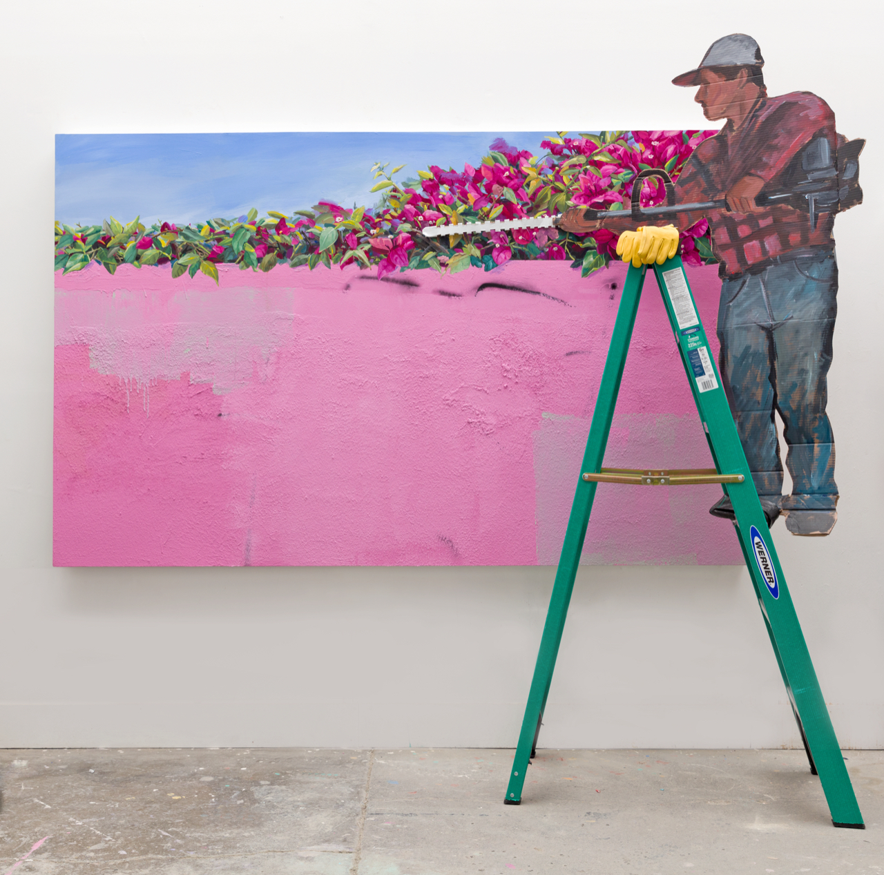 Image of Patrick Martinez and Jay Lynn Gomez multimedia piece "Against the Wall," which portrays a man on a ladder with a hedge trimmer, trimming pink flowers. The backdrop is a clear blue sky and below the hedge is filled in pink 