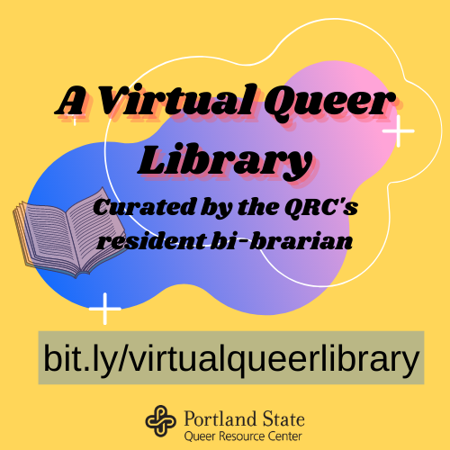 a yellow image with a gradient cloud that goes from purple to pink and a book opened in front of it. the image read "a virtual queer library: curated by your resident bi-brarian"