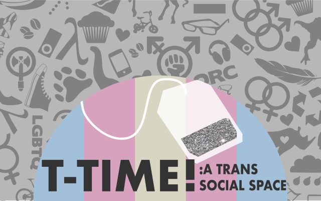 A glitter-filled tea bag, a trans flag, and a background with lambdas, rhinos, and other queer symbols