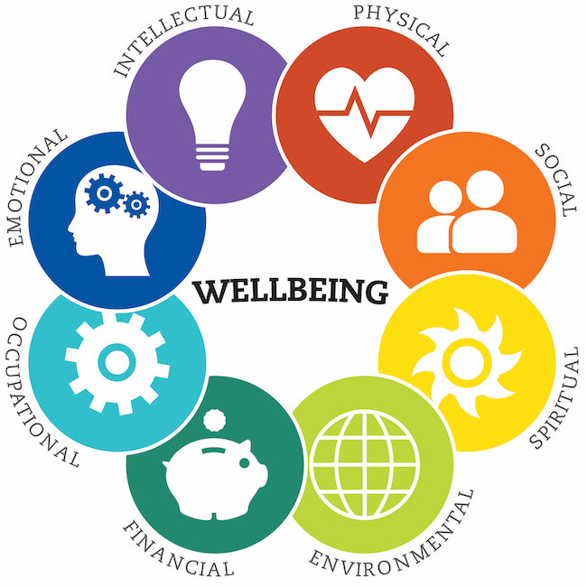 Wellbeing: Emotional, Environmental, Financial, Intellectual, Occupational, Physical, Social, Spiritual
