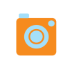 An illustration of an orange camera with blue accents. 