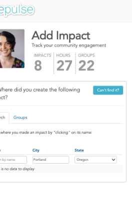 Screenshot of "Add Impact" screen on pdx.givepulse.com, which asks "Where did you create the following impact?" and gives students a chance to answer.