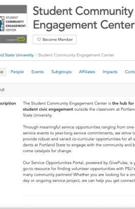 Screenshot of the Student Community Engagement Center page of GivePulse, which has a button under the title called "Become a Member"