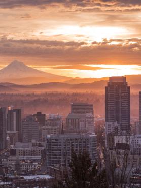 The Portland cityscape with Mount Hood in the background at sunrise