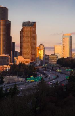 City of Portland skyline taken from southwest at sunset