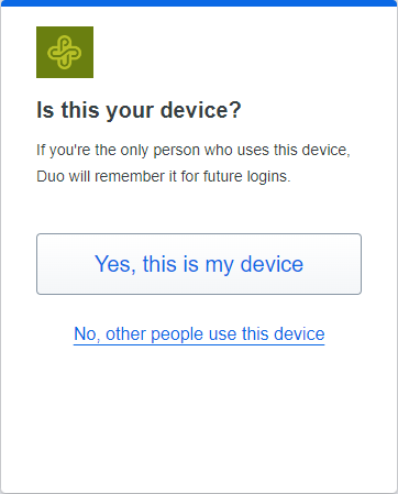 Screenshot of the Is This Your Device? page on the mobile Duo Push Security application