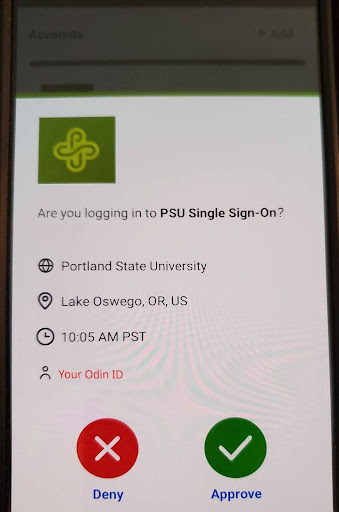 Screenshot of the authentication page on the mobile Duo Push Security application asking the user if they "Deny" or "Approve"
