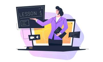 Drawing of professor teaching a course using long distance teaching styles via computer