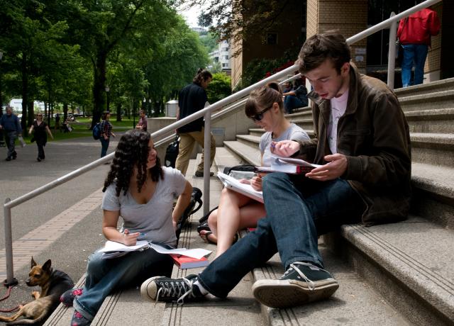 Three students studying together on the steps of the. Millar Library