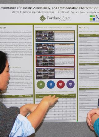 Two women stand in front of a research poster discussing neighborhood housing, accessibility, and transportation