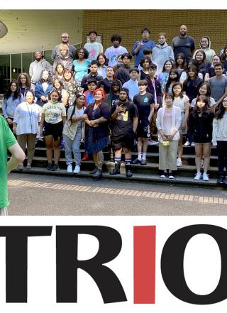 Group of TRIO students getting photo taken on Millar Library steps at P S U. Word logo at bottom says TRIO.