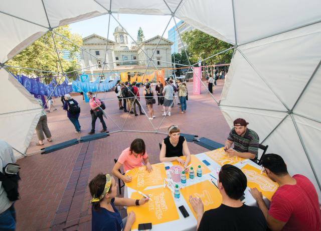 Students working on a project in Pioneer Courthouse Square