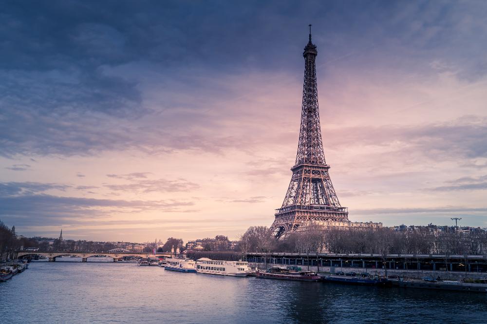 View of Paris, France, with the river Seine and the Eiffel Tower.