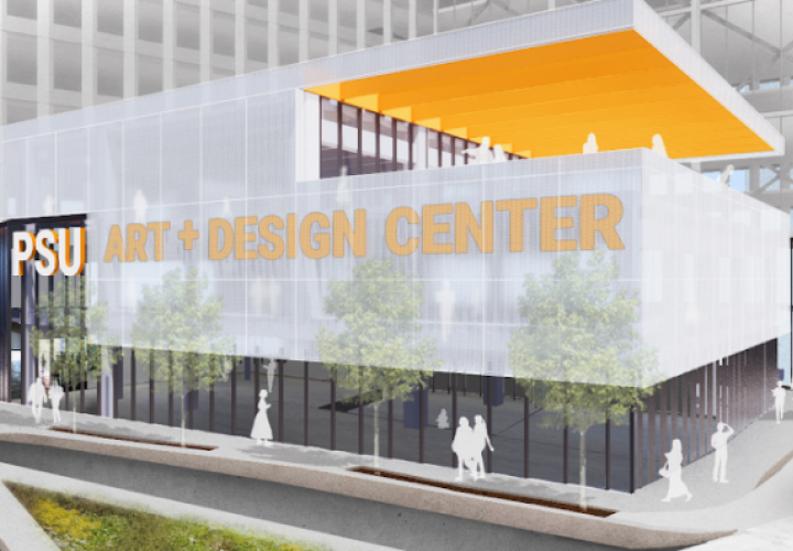 Architectural rendering of the Gateway Center building, situated at the current Art Building site