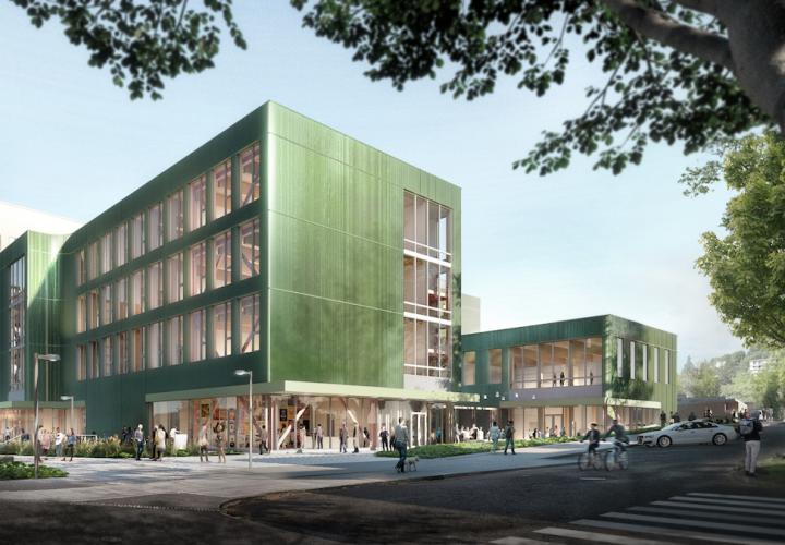 Rendering of new art building by Lever Architecture. The building is green with large windows and is viewed from the Park Blocks.