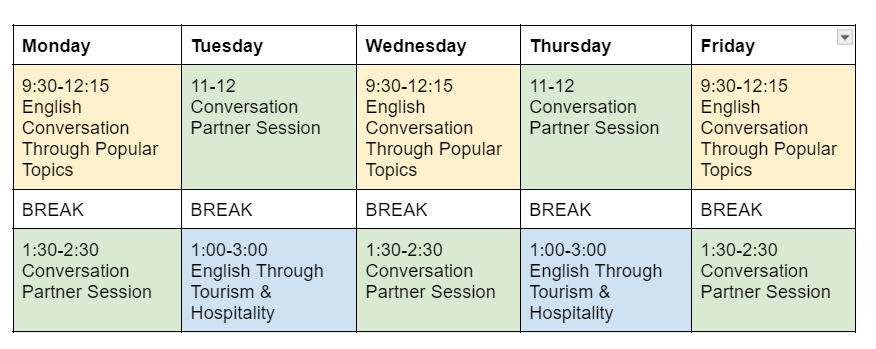 Class schedule showing tentative class and conversation times