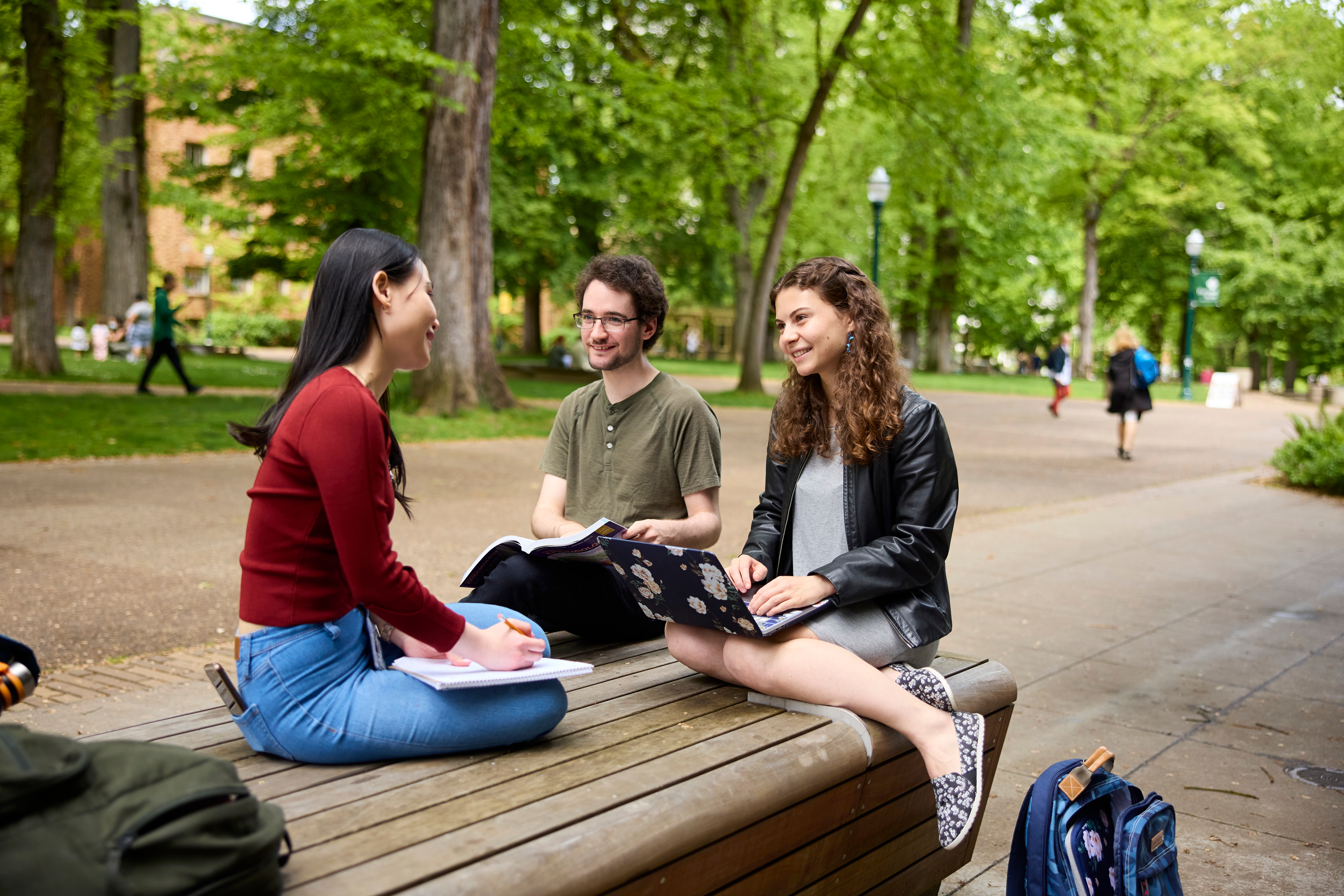 Portland State University students socializing in the Park Blocks.