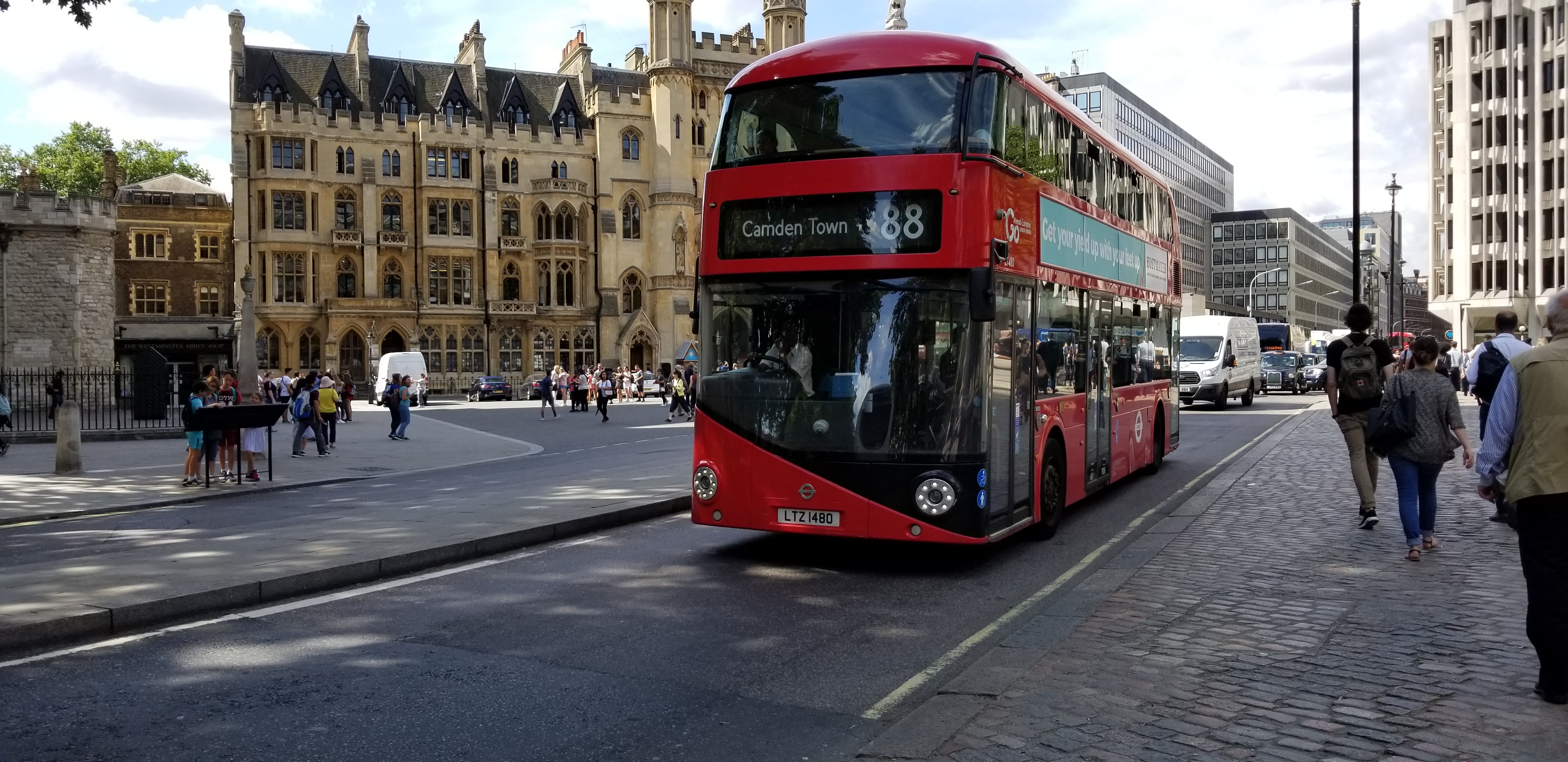 Double decker bus driving through London