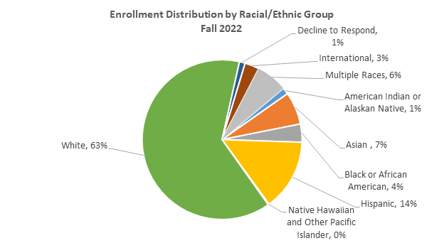 Pie chart of fall 2022 enrollment distribution by racial and ethnic group, with 63% identifying Caucasian as the majority group.