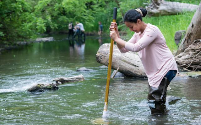 Student doing water testing in a river