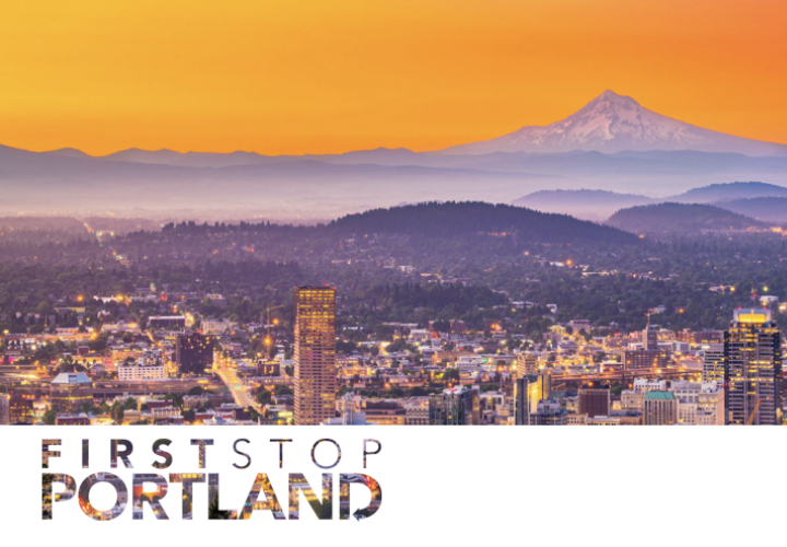 Mt. Hood photo in sunset & First Stop Portland logo