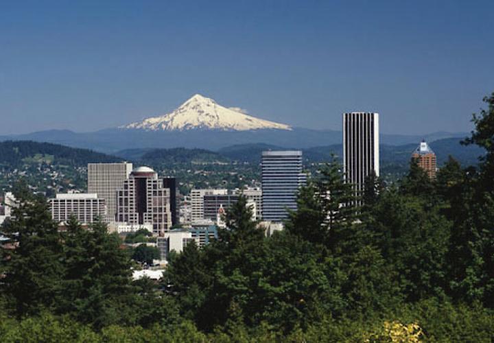 Portland skyline with Mount Hood in the background.
