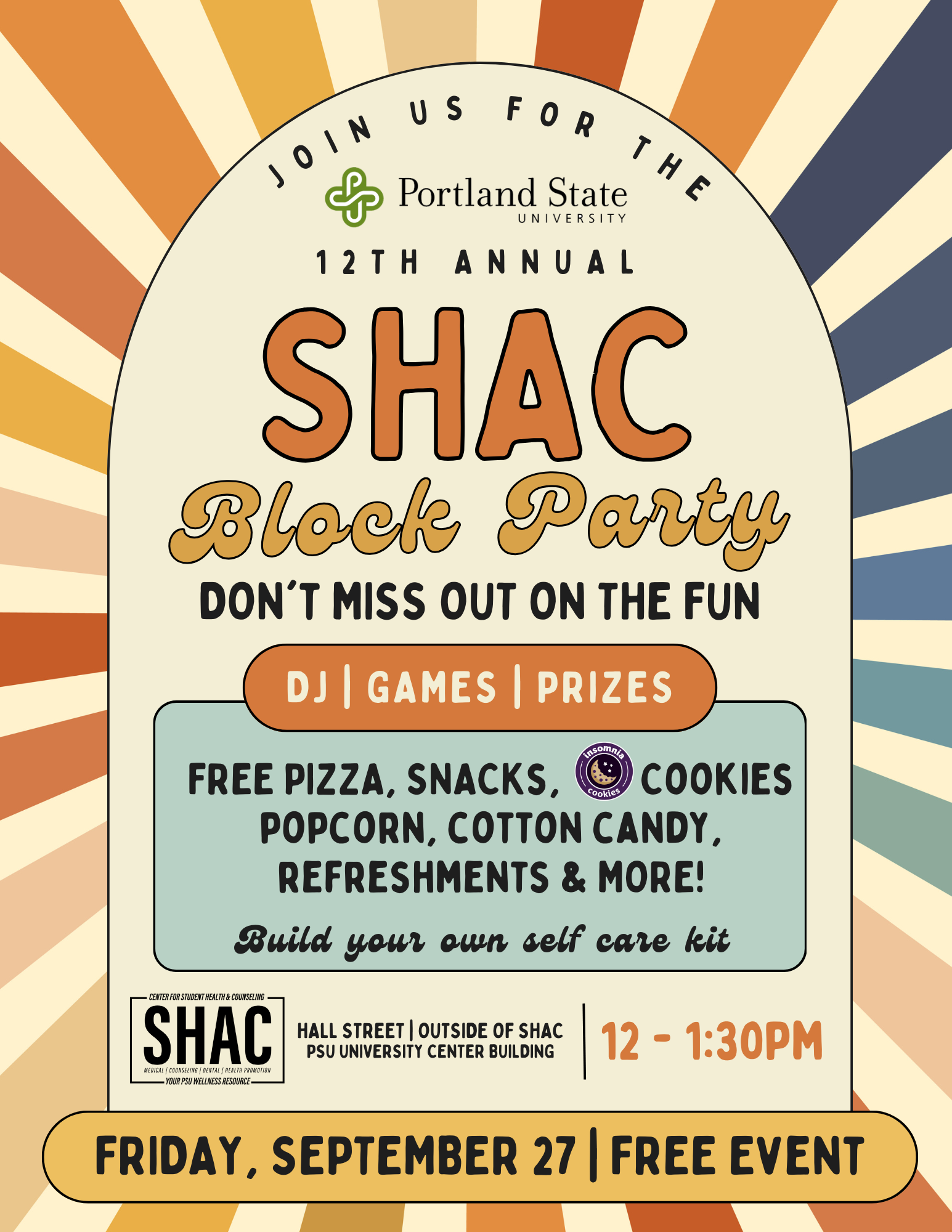 SHAC Block Party Friday, September 27 12-1:30. Free event with pizza, snacks, cookies and swag