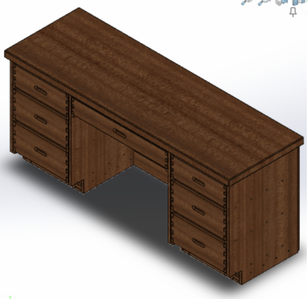 3D Solid Works drawing of a desk with drawers