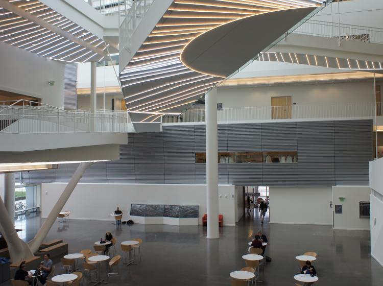 View of the atrium and art installation from an elevated vantage point.