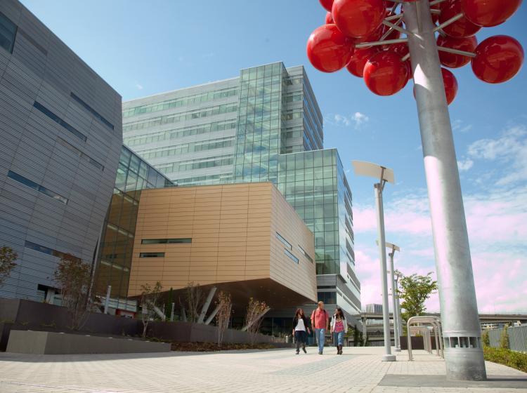 Exterior of the Robertson Life Sciences Building on a sunny day, with the lower portion of the sculpture at right, and a group of students walking on the sidewalk.