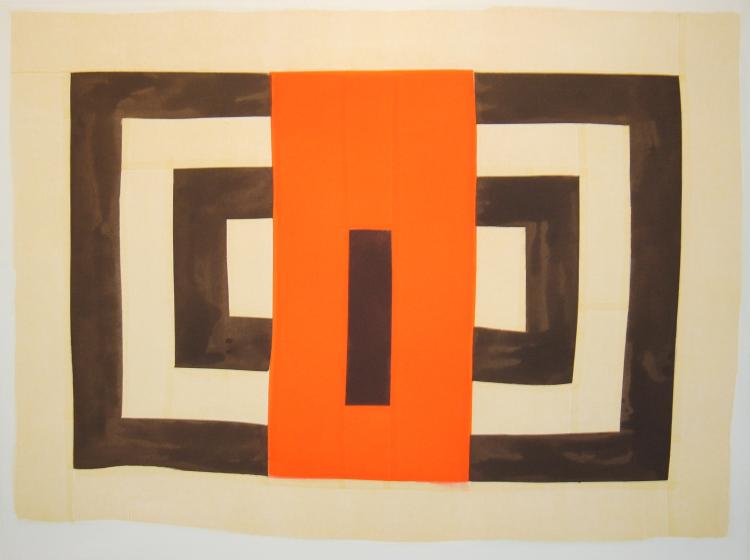 Abstract print with geometric shapes in brown, beige and orange.